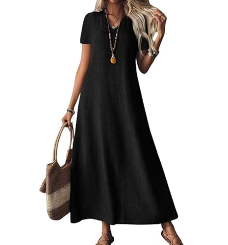 Generisch Leinenkleider für Damen, kurzärmlig, V-Ausschnitt, lässig, Maxi, fließend, für Strand und Urlaub (Black,XL) von Generisch