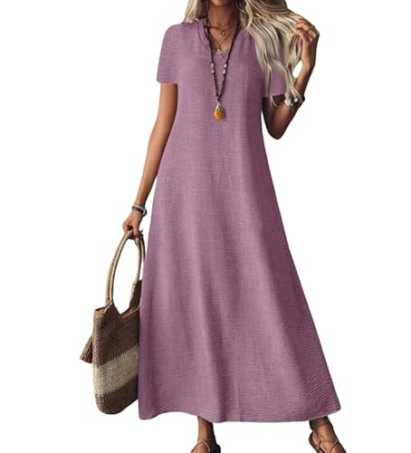 Generisch Leinenkleider für Damen, kurzärmlig, V-Ausschnitt, lässig, Maxi, fließend, für Strand und Urlaub (Light Purple,M) von Generisch