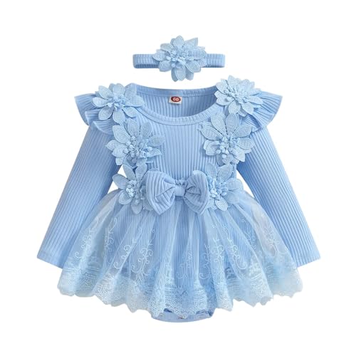 Generisch Leopard Kleid Mädchen Baby Mädchen Langarm Floral Strampler Neugeborenen Spitze Bodys Kleid Stirnbänder Set Body Mädchen 140 (Blue, 0-3 Months) von Generisch