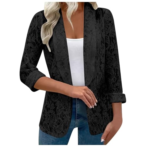 Generisch Long Blazer Für Damen, Blaz, Blazer Damen Langarm Spitze Sommerblazer Open Front Blazermantel Arbeit Büro Oberteile Knopf Elegant Jacke Business Anzug Casual Sakko mit Taschen Schwarz von Generisch