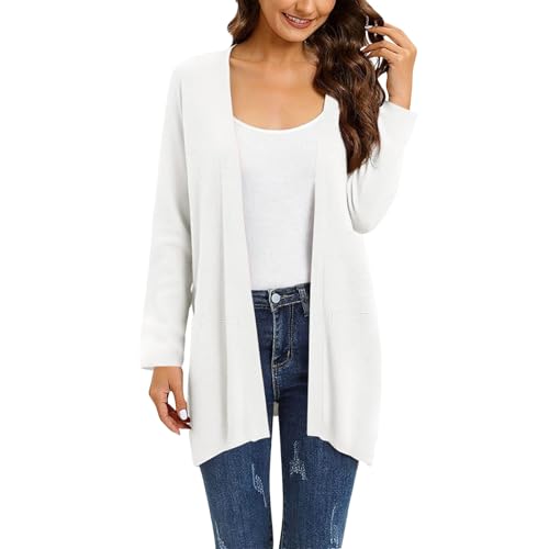 Generisch Longstrickjacke Damen Einfarbig Freizeit Strickmantel Elegant V-Ausschnitt Open Front Cardigan Leicht Dünne Jacket Langarm Strickjacken Bequeme Lange Strickcardigan mit Taschen(Weiß,XXL) von Generisch