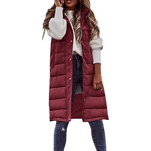 Generisch Longweste Damen Steppweste, Steppweste Damen Lang Winterjacke Ärmellos Daunenweste Daunenjacke Outdoor Longweste Leichte Herbst Kapuzenweste Pufferweste Übergangsweste von Generisch