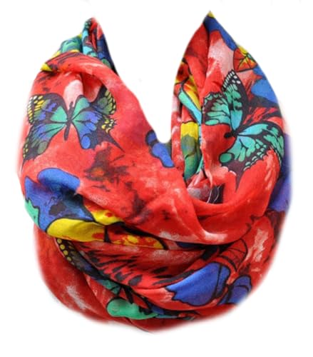 Generisch Loop Schal Loopschal Schlauchschal Rundschal Tuch Halstücher Tücher mit Blumen Schmetterling Muster (Rot) von Generisch