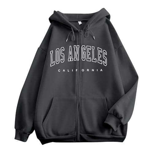 Los Angeles Sweatjacke Damen Mit Kapuze Herbst Sportjacke Kapuzenjacke Oversize Y2K Zipper Hoodie Sport Jacke Langarm Casual Pullover Mit Kapuze Reissverschluss Sweatshirt,04 Gy2,3XL von Generisch