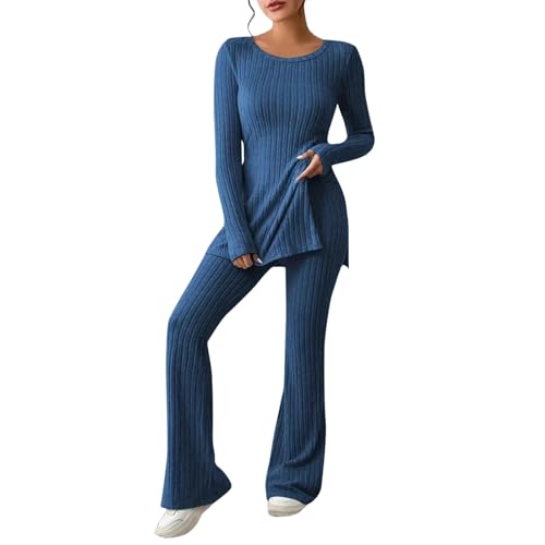 Generisch Lounge wear Damen, Satin Pyjama Damen, hoher Schnitt Gerippt Shirt Langärm mit Jogginganzug Schlaghosen, Schlafanzug extra lang, Kaschmir Hose Damen, Damen Pyjama Winter, M, Königsblau von Generisch