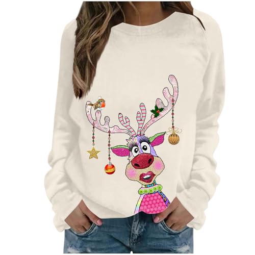 Generisch Lustige Weihnachtspullover Damen Weihnachtsoutfit Langarmshirt Christmas Sweatshirt Weihnachtsshirt Teenager Mädchen Pyjama Xmas Oberteile Weihnachten Bluse Weihnachts Pullover Beige XXL von Generisch