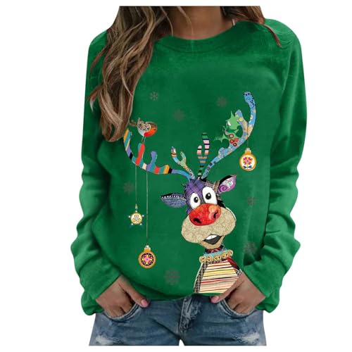 Generisch Lustige Weihnachtspullover Damen Weihnachtsoutfit Langarmshirt Christmas Sweatshirt Weihnachtsshirt Teenager Mädchen Pyjama Xmas Oberteile Weihnachten Bluse Weihnachts Pullover Grün L von Generisch