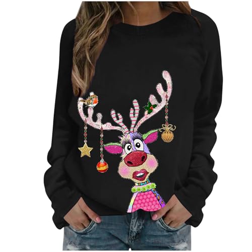 Generisch Lustige Weihnachtspullover Damen Weihnachtsoutfit Langarmshirt Christmas Sweatshirt Weihnachtsshirt Teenager Mädchen Pyjama Xmas Oberteile Weihnachten Bluse Weihnachts Pullover Schwarz S von Generisch