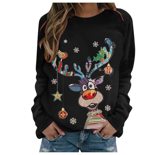 Generisch Lustige Weihnachtspullover Damen Weihnachtsoutfit Langarmshirt Christmas Sweatshirt Weihnachtsshirt Teenager Mädchen Pyjama Xmas Oberteile Weihnachten Bluse Weihnachts Pullover Schwarz XXL von Generisch