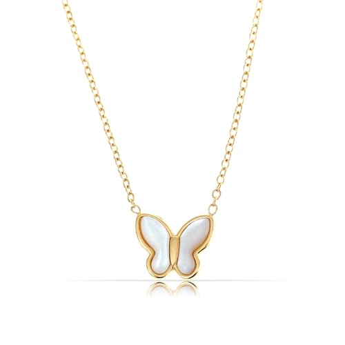 Generisch Made by Nami Halskette Damen Gold oder Silber mit Perlmutt Anhänger Stern Mond aus Chirurgischem Edelstahl Hypoallergen Wasserfester Schmuck Freundschaftskette (Schmetterling Gold) von Made by Nami
