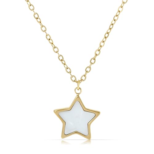 Generisch Made by Nami Halskette Damen Gold oder Silber mit Perlmutt Anhänger Stern Mond aus Chirurgischem Edelstahl Hypoallergen Wasserfester Schmuck Freundschaftskette (Stern Gold) von Made by Nami