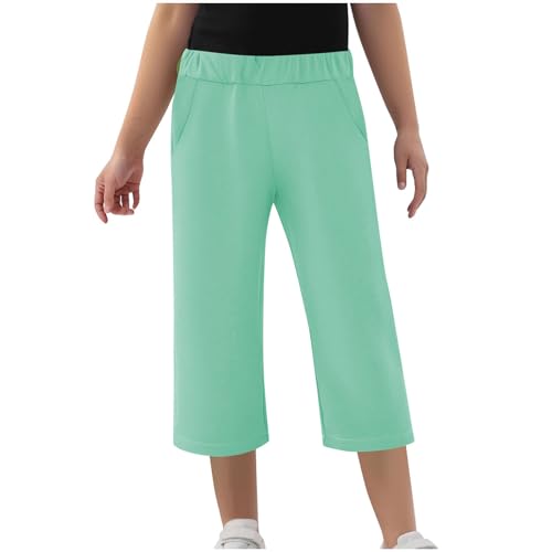 Generisch Mädchen 3/4 Capri Hose Leicht Sommer Jogginghose Einfarbig Bequem Yogahose Elastische Taille Sporthose Freizeit Lose Laufhosen Sport Kurz Outdoorhose mit Taschen Freizeithose von Generisch