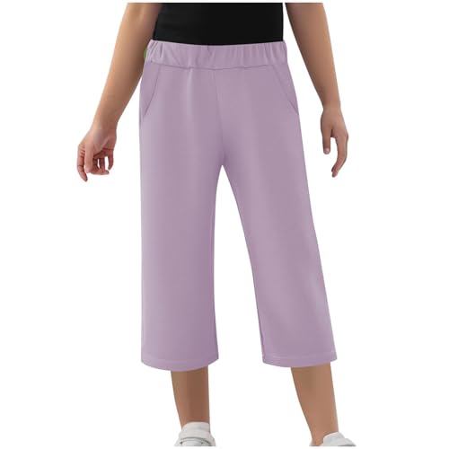 Generisch Mädchen 3/4 Capri Hose Leicht Sommer Jogginghose Einfarbig Bequem Yogahose Elastische Taille Sporthose Freizeit Lose Laufhosen Sport Kurz Outdoorhose mit Taschen Freizeithose von Generisch