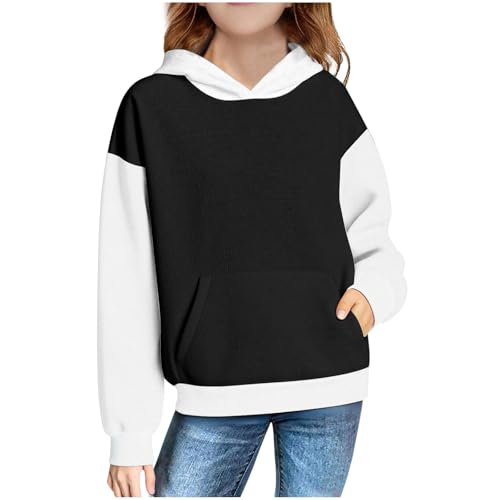 Generisch Mädchen Hoodie Loose Langarm Tops leichte Oberteile Lässig Kinder Pullover Rundhals Freizeitkleidung Herbst Outfit Kapuzenpullover Freizeit Sweatshirt für Mädchen mit Tasche 00 Schwarz 170 von Generisch