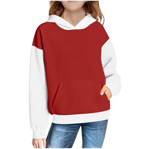Generisch Mädchen Hoodie Loose Langarm Tops leichte Oberteile Lässig Kinder Pullover Rundhals Freizeitkleidung Herbst Outfit Kapuzenpullover Freizeit Sweatshirt für Mädchen mit Tasche 07 Rot 130 von Generisch
