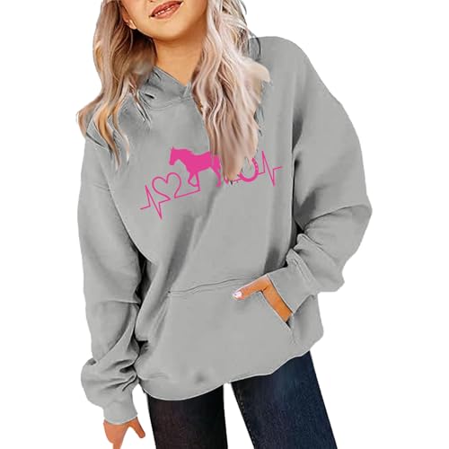 Generisch Mädchen Hoodie Pferde Pullover Kinder Pferde Liebe Sweatshirt Langarm Casual Kapuzenpullover mit Taschen Kinder Kleidung Freizeit Langarmshirts für 4-14 Jahre (02 Grey, 10-11 Years) von Generisch