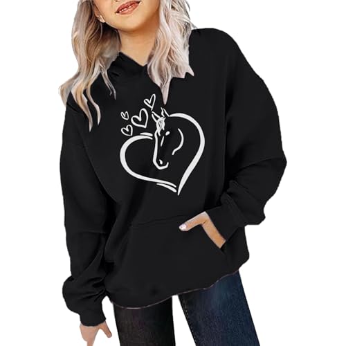 Generisch Mädchen Hoodie Pferde Pullover Kinder Pferde Liebe Sweatshirt Langarm Casual Kapuzenpullover mit Taschen Kinder Kleidung Freizeit Langarmshirts für 4-14 Jahre (07 Black, 12-13 Years) von Generisch