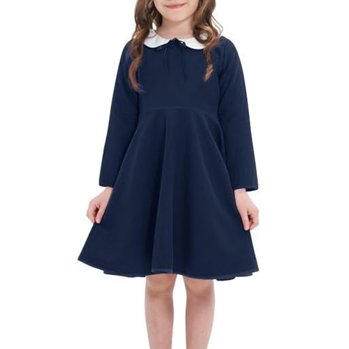 Generisch Mädchen Kleider Baumwolle Langarm Kleid Peter Pan Kragen Strickkleid Blusenkleid Kleider Festlichkleid Baumwollkleid Weiche Bequem Freizeitkleid Marine, 7 Jahre von Generisch