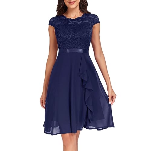 Generisch Mädchen Kleider Hochzeit Cocktailkleid Set Kurzärmliges Damen-Brautkleid für die Hochzeit, mittellanges formelles Abendkleid Spitze, Chiffon Chiffon Dünn Luftige Sommerkleider (Blue, L) von Generisch