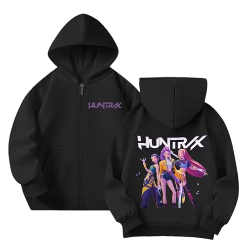 Generisch Mädchen Kpop Demons Hunters Hoodie Full-Zip Casual Kapuzenpullover Hochkragen Langarm Pullover Bequeme Locker Kapuzen Sweatshirt für K-pop Fans Oberteile (A-1-Black, 5-6 Years) von Generisch