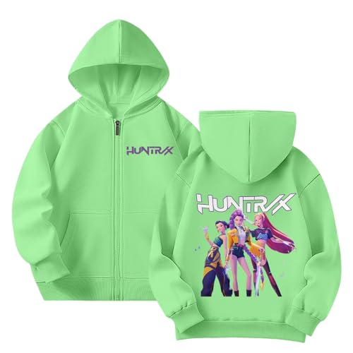 Generisch Mädchen Kpop Demons Hunters Hoodie Full-Zip Casual Kapuzenpullover Hochkragen Langarm Pullover Bequeme Locker Kapuzen Sweatshirt für K-pop Fans Oberteile (A-1-Green, 11-12 Years) von Generisch