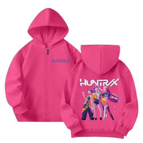 Generisch Mädchen Kpop Demons Hunters Hoodie Full-Zip Casual Kapuzenpullover Hochkragen Langarm Pullover Bequeme Locker Kapuzen Sweatshirt für K-pop Fans Oberteile (A-1-Hot Pink, 7-8 Years) von Generisch