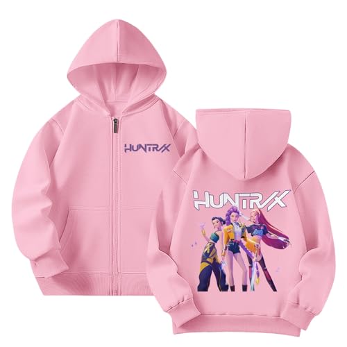 Generisch Mädchen Kpop Demons Hunters Hoodie Full-Zip Casual Kapuzenpullover Hochkragen Langarm Pullover Bequeme Locker Kapuzen Sweatshirt für K-pop Fans Oberteile (A-1-Pink, 13-14 Years) von Generisch