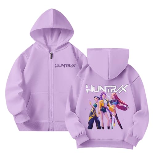 Generisch Mädchen Kpop Demons Hunters Hoodie Full-Zip Casual Kapuzenpullover Hochkragen Langarm Pullover Bequeme Locker Kapuzen Sweatshirt für K-pop Fans Oberteile (A-1-Purple, 11-12 Years) von Generisch