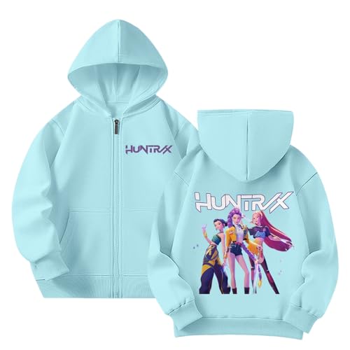 Generisch Mädchen Kpop Demons Hunters Hoodie Full-Zip Casual Kapuzenpullover Hochkragen Langarm Pullover Bequeme Locker Kapuzen Sweatshirt für K-pop Fans Oberteile (A-1-Sky Blue, 9-10 Years) von Generisch