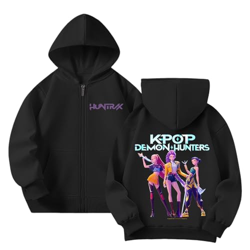 Generisch Mädchen Kpop Demons Hunters Hoodie Full-Zip Casual Kapuzenpullover Hochkragen Langarm Pullover Bequeme Locker Kapuzen Sweatshirt für K-pop Fans Oberteile (A-2-Black, 13-14 Years) von Generisch