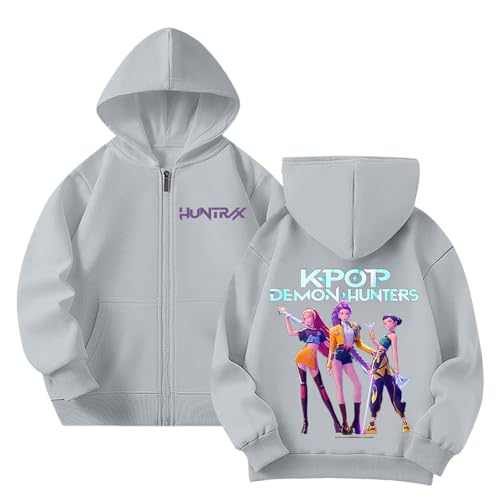 Generisch Mädchen Kpop Demons Hunters Hoodie Full-Zip Casual Kapuzenpullover Hochkragen Langarm Pullover Bequeme Locker Kapuzen Sweatshirt für K-pop Fans Oberteile (A-2-Grey, 13-14 Years) von Generisch