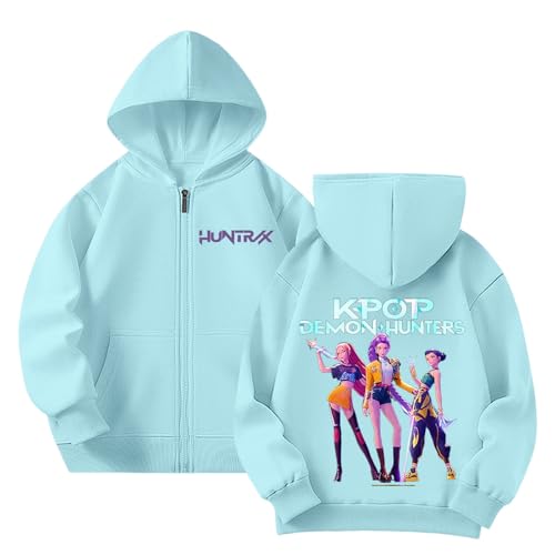 Generisch Mädchen Kpop Demons Hunters Hoodie Full-Zip Casual Kapuzenpullover Hochkragen Langarm Pullover Bequeme Locker Kapuzen Sweatshirt für K-pop Fans Oberteile (A-2-Sky Blue, 9-10 Years) von Generisch