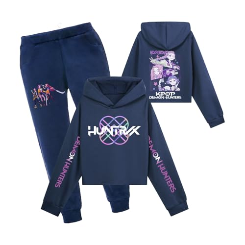 Generisch Mädchen Kpop Demons Hunters Outfit Zweiteiler K-pop Kapuzenpullover mit Anime Drucken Hoodie und Casual Hosen 2 Teiler Locker Lässige Jogginganzug Pour Outdoor Sport (Navy, 15-16 Years) von Generisch