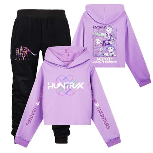 Generisch Mädchen Kpop Demons Hunters Outfit Zweiteiler K-pop Kapuzenpullover mit Anime Drucken Hoodie und Casual Hosen 2 Teiler Locker Lässige Jogginganzug Pour Outdoor Sport (Purple, 15-16 Years) von Generisch