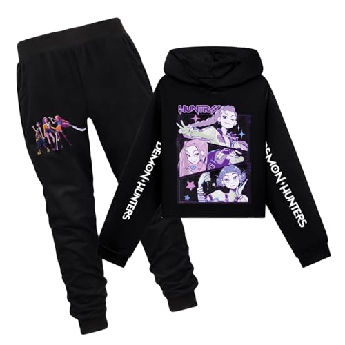 Generisch Mädchen Kpop Demons Hunters Trainingsanzug K-pop Hoodie mit Anime Drucken und Sporthose Zweiteiler Bequeme Lässige Jogginganzug für K-pop Fans Outdoor Sport (A-1-Black, 9-10 Years) von Generisch