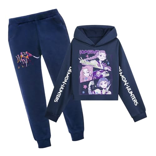 Generisch Mädchen Kpop Demons Hunters Trainingsanzug K-pop Hoodie mit Anime Drucken und Sporthose Zweiteiler Bequeme Lässige Jogginganzug für K-pop Fans Outdoor Sport (A-1-Navy, 11-12 Years) von Generisch