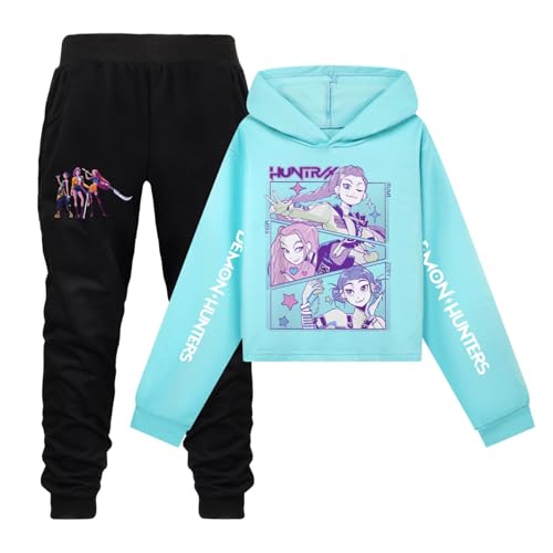 Generisch Mädchen Kpop Demons Hunters Trainingsanzug K-pop Hoodie mit Anime Drucken und Sporthose Zweiteiler Bequeme Lässige Jogginganzug für K-pop Fans Outdoor Sport (A-2-Light Blue, 11-12 Years) von Generisch