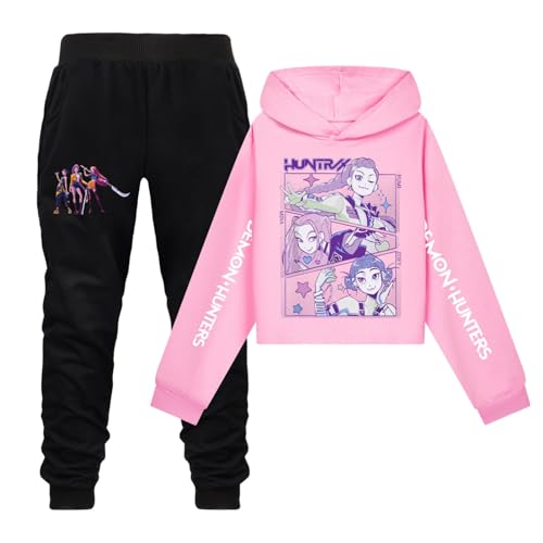 Generisch Mädchen Kpop Demons Hunters Trainingsanzug K-pop Hoodie mit Anime Drucken und Sporthose Zweiteiler Bequeme Lässige Jogginganzug für K-pop Fans Outdoor Sport (A-2-Pink, 11-12 Years) von Generisch