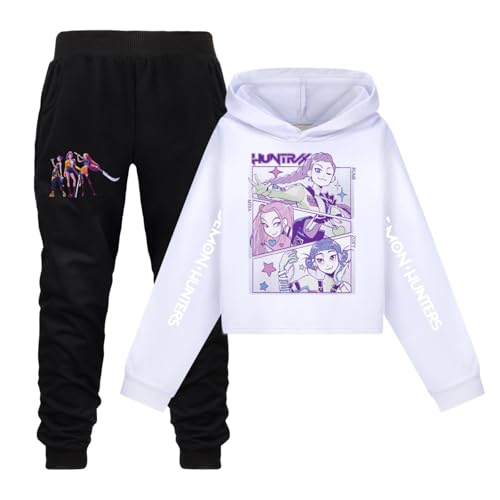 Generisch Mädchen Kpop Demons Hunters Trainingsanzug K-pop Hoodie mit Anime Drucken und Sporthose Zweiteiler Bequeme Lässige Jogginganzug für K-pop Fans Outdoor Sport (A-2-White, 11-12 Years) von Generisch