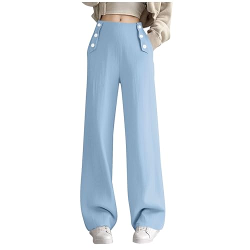Generisch Mädchen Lang Leinen Hose Hohe Taille Freizeithose Leichte Palazzo Sommerhose Baumwolle Leinenhose mit Taschen Jogginghose Einfarbig Bequem Stoffhose Strand Reise Urlaub Outfits von Generisch