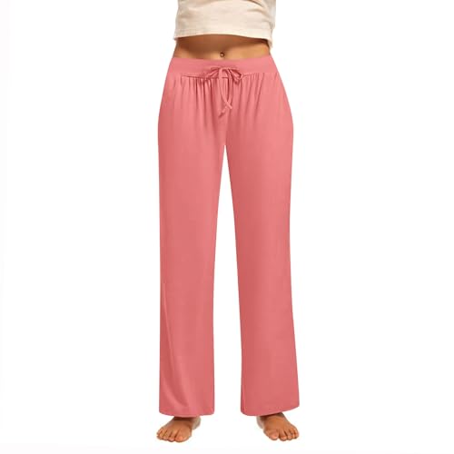 Generisch Mädchen Leicht Sommerhose Lang Casual Stoffhose Locker Weite Beine Hose Sommer Einfarbig Palazzo Hosen mit Taschen Freizeithose Baumwolle Bequem Sporthose High Waist Jogginghose von Generisch