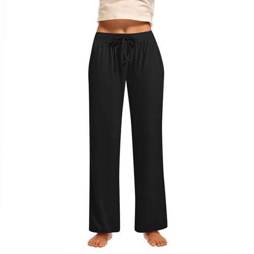 Generisch Mädchen Leicht Sommerhose Lang Casual Stoffhose Locker Weite Beine Hose Sommer Einfarbig Palazzo Hosen mit Taschen Freizeithose Baumwolle Bequem Sporthose High Waist Jogginghose von Generisch