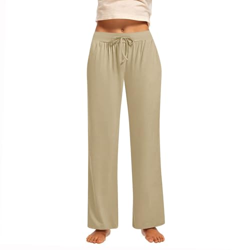 Generisch Mädchen Leicht Sommerhose Lang Casual Stoffhose Locker Weite Beine Hose Sommer Einfarbig Palazzo Hosen mit Taschen Freizeithose Baumwolle Bequem Sporthose High Waist Jogginghose von Generisch