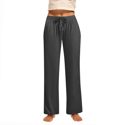 Generisch Mädchen Leicht Sommerhose Lang Casual Stoffhose Locker Weite Beine Hose Sommer Einfarbig Palazzo Hosen mit Taschen Freizeithose Baumwolle Bequem Sporthose High Waist Jogginghose von Generisch