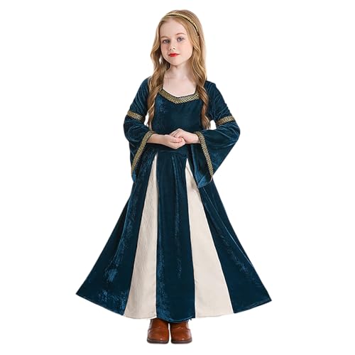 Generisch Mädchen Mittelalter Kleid Prinzessin Trompetenärmel Langarm Festkleider Rundhals Samt Partykleid Mit Haarreif Rüschen Freizeitkleider Vintage Festlich Abendkleid Navy M von Generisch