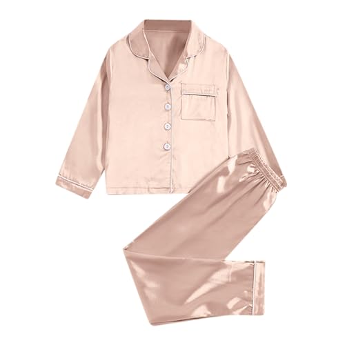 Generisch Mädchen-Satin-Pyjama-Set 2-Teilig Seidennachtwäsche Button-Down-Nachtwäsche Für Teenager Kinder (Khaki, 11-12 Years) von Generisch