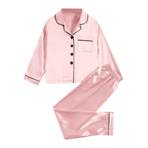 Generisch Mädchen-Satin-Pyjama-Set 2-Teilig Seidennachtwäsche Button-Down-Nachtwäsche Für Teenager Kinder (Watermelon Red, 9 Years) von Generisch