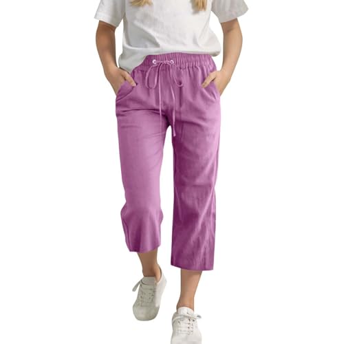 Generisch Mädchen Sommer 3/4 Lange Leinenhose Elegant Weites Bein Hose Baumwolle Leinen Strandhose Casual Lose Stoffhose Lässig Einfarbig Sommerhose mit Taschen Freizeithose Weich Bequem Hosen von Generisch