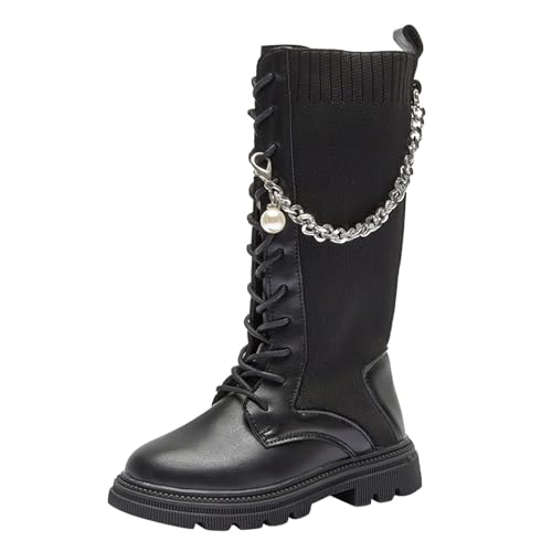 Generisch Mädchen Stiefel Flache Mode Dicke Absatz Warme Lange Gürtelkette Socken Boots (Black, 30.5 Big Kids) von Generisch