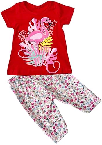 Generisch Mädchen T-Shirt und Kurzleggings Größe 92-116 Flamingo Sommerset Bluse 100% Baumwolle Kinder Tshirt T Shirt (Rot; 110-116) von Generisch